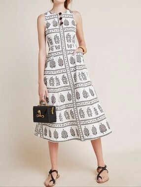 NWOT Anthro Woodblock Floral White Midi Dress - Size 10